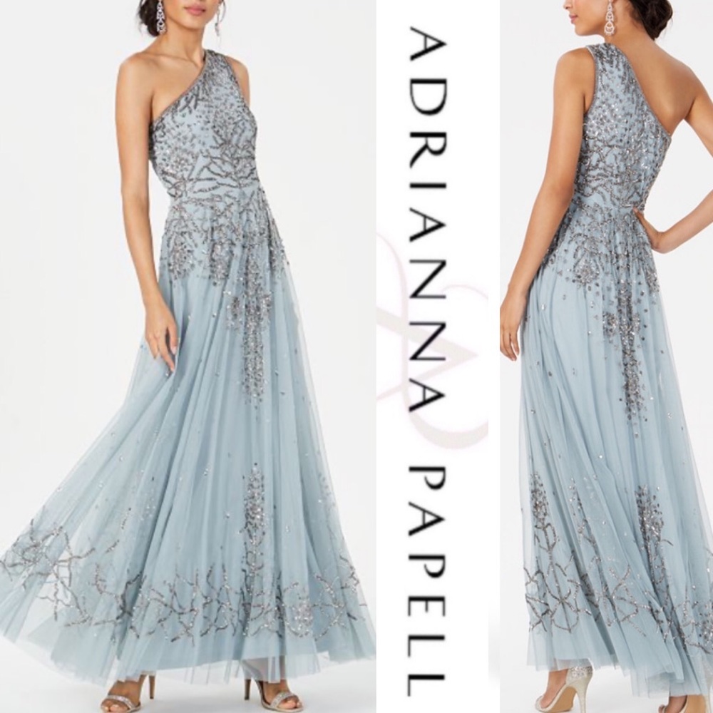 Adrianna Papell one shoulder light blue beaded long gown - Picture 4 of 13